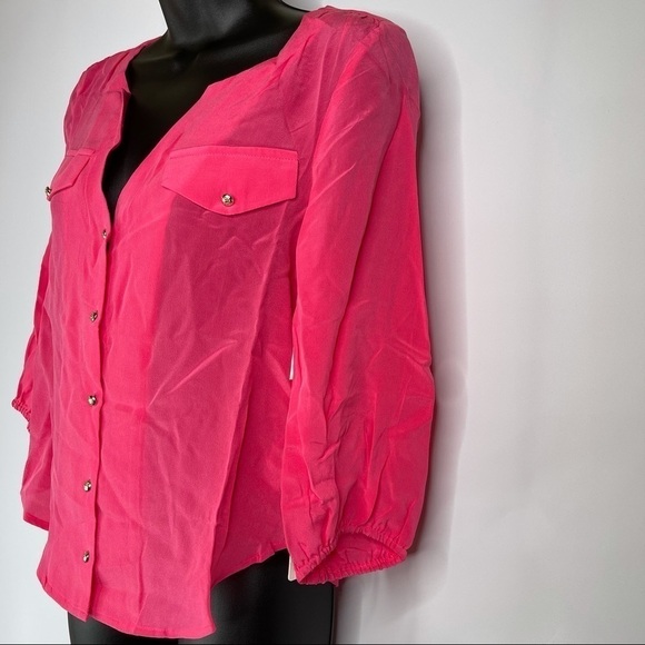 Line & Dot Revolve Top Blouse Silk Barbie Button Office Career Date Cocktail New - Picture 3 of 11
